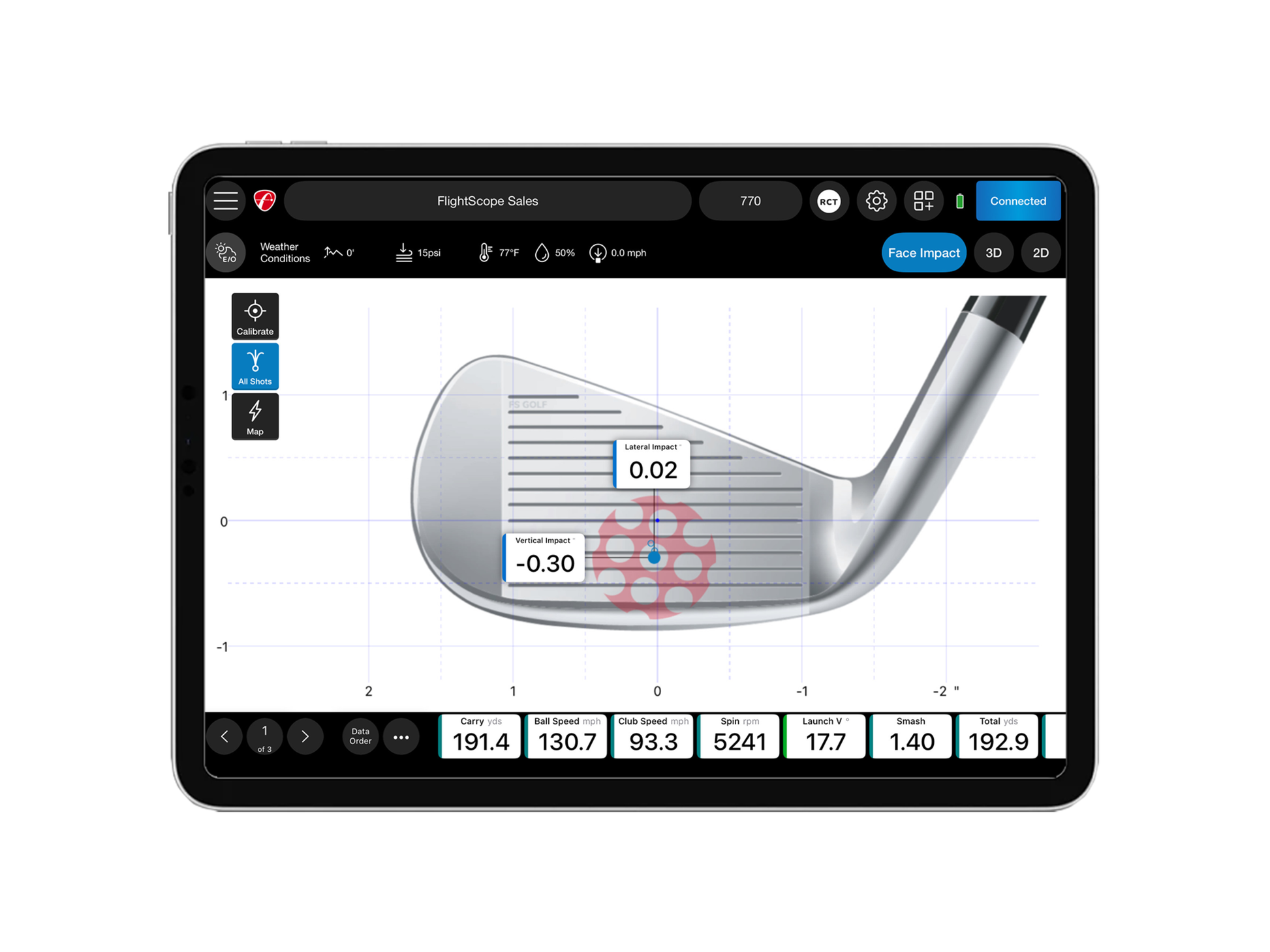 FlightScope Mevo+ / Mevo Gen2 Face Impact Location golf simulator software for indoor golf simulator setup