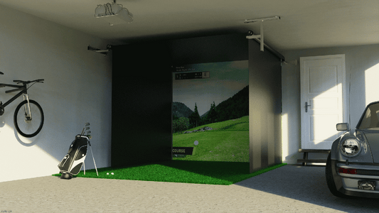 The SportScreen Vanish Series Retractable Golf Studio golf simulator enclosure for indoor golf simulator setup