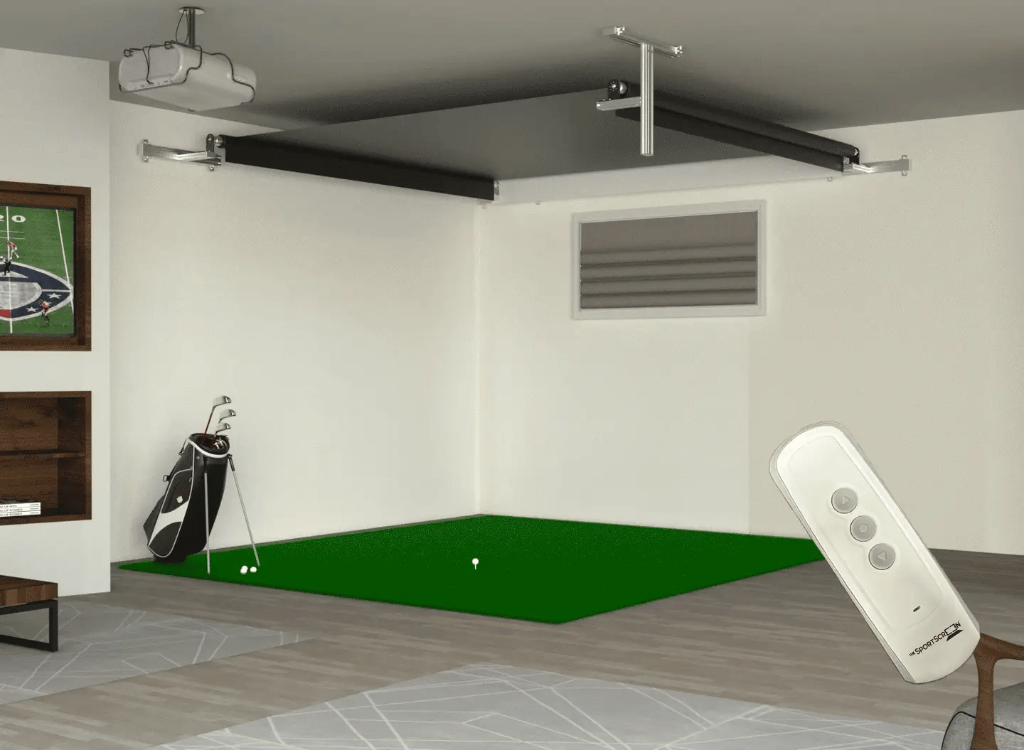 The SportScreen Vanish Series Retractable Golf Studio golf simulator enclosure for indoor golf simulator setup