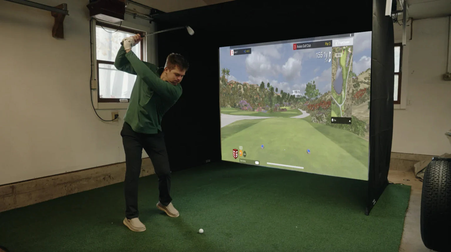 The SportScreen Vanish Series Retractable Golf Studio golf simulator enclosure for indoor golf simulator setup