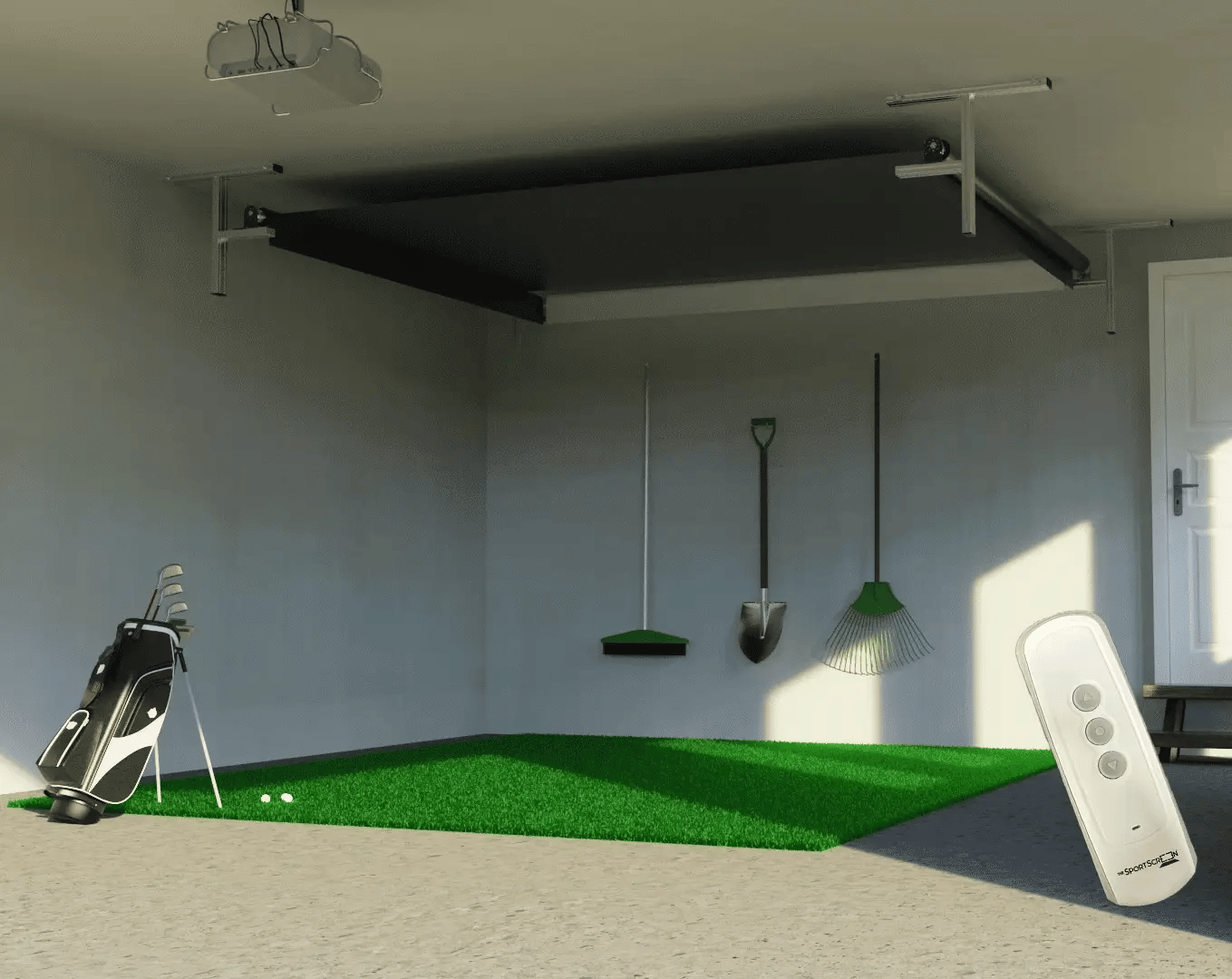 The SportScreen Vanish Series Retractable Golf Studio golf simulator enclosure for indoor golf simulator setup